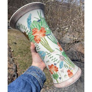 13" Vintage 20th C. Chinese Porcelain Famille Rose Kangxi Mark Hand Painted Vase